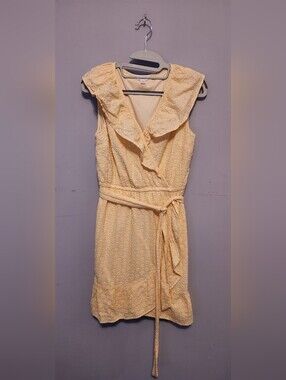 LC Lauren Conrad Pale Yellow Eyelet Wrap Midi Dress with Tie Waist